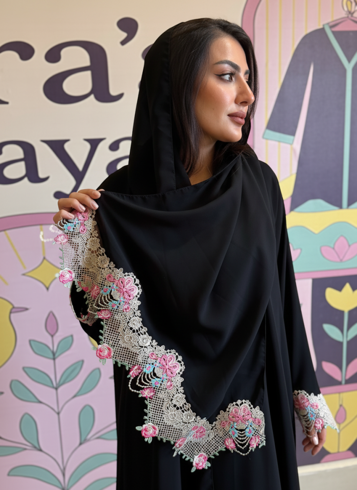 Half-Flared Vietnamese Fabric Abaya with Guipure Lace Trim