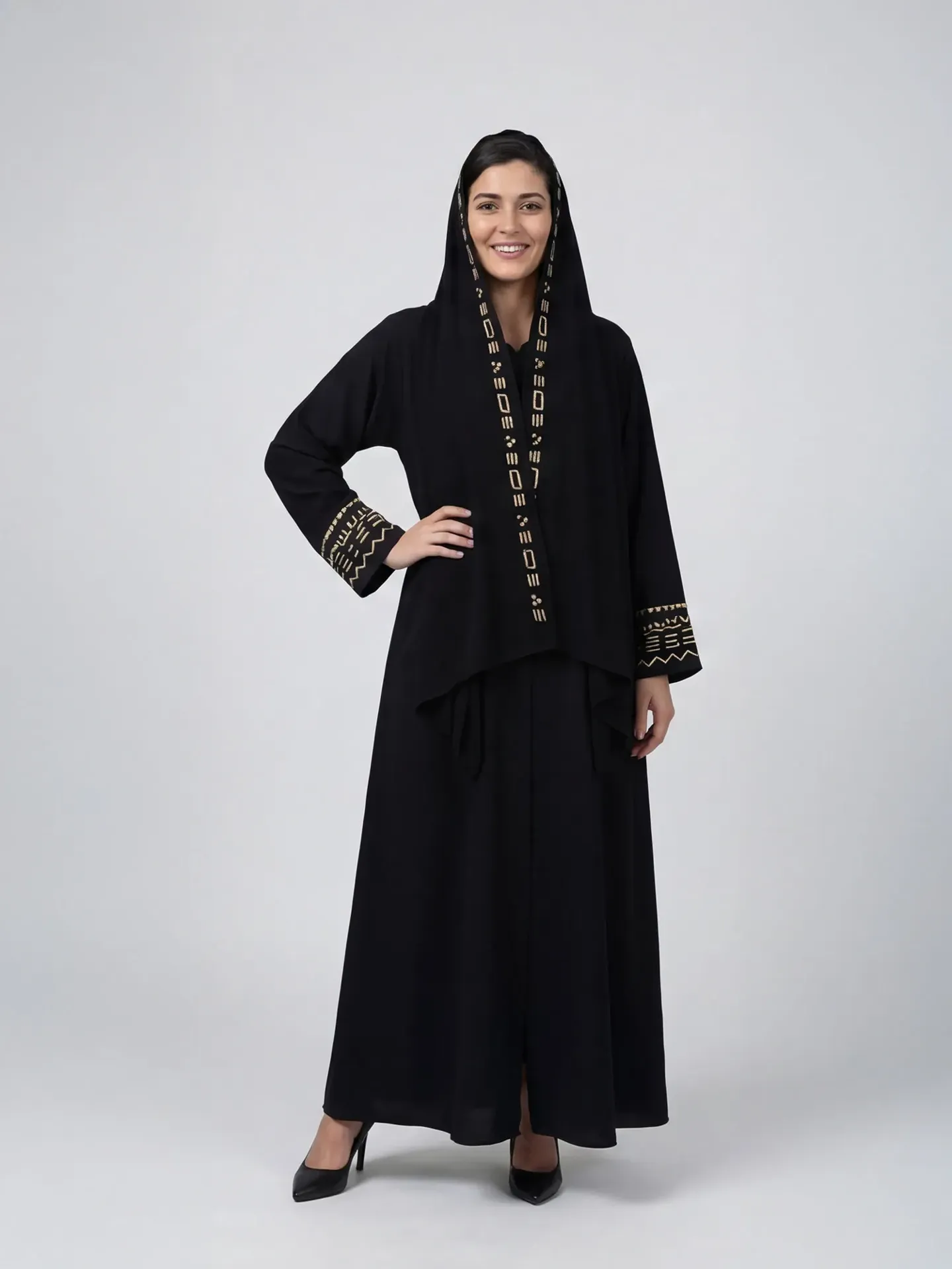 Black Nida crepe abaya with gold embroidery (48, S, دوام)