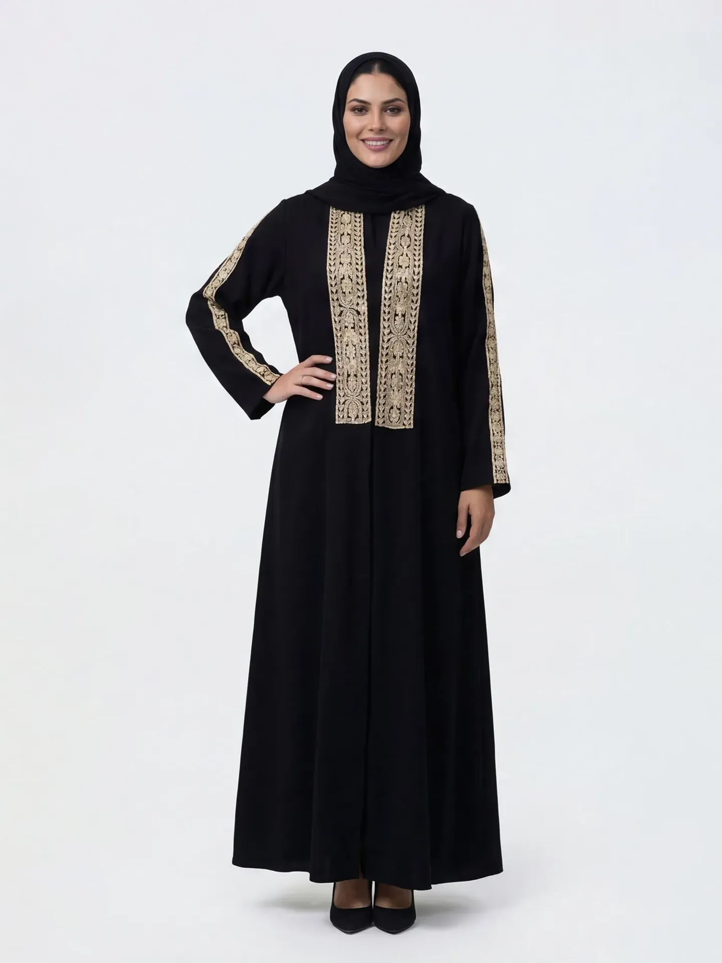 عباية هِلال – أسود مطرّز بيج (قماش انترت) + طرحة (50, سهرة)