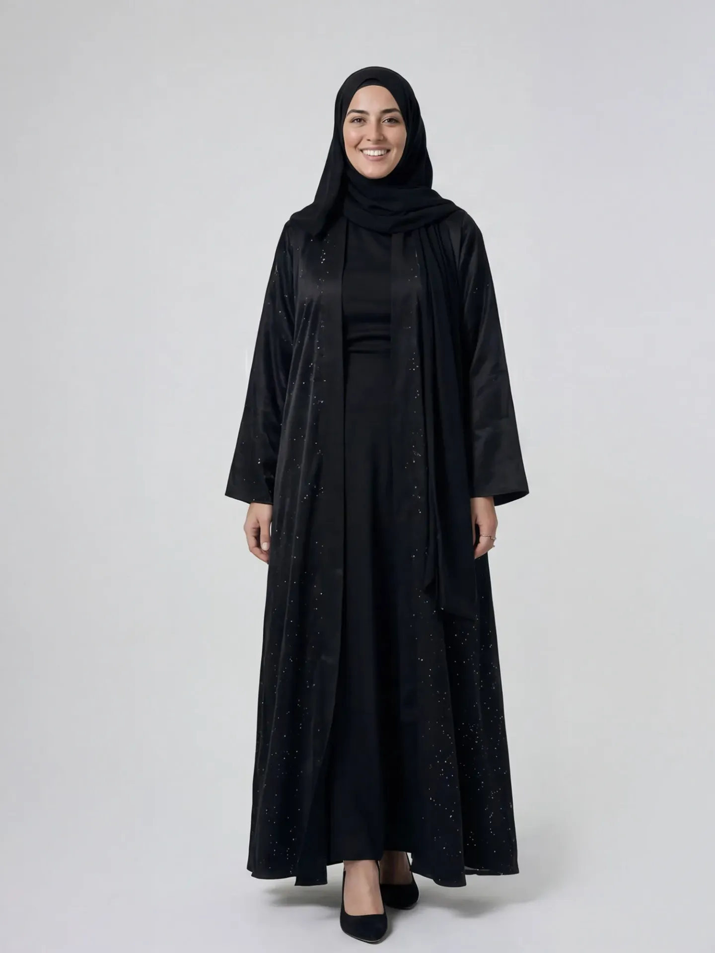 عباية شيفون سوداء مبطنة بقصة إماراتية واسعة – فري سايز موديل R02 (48, S)