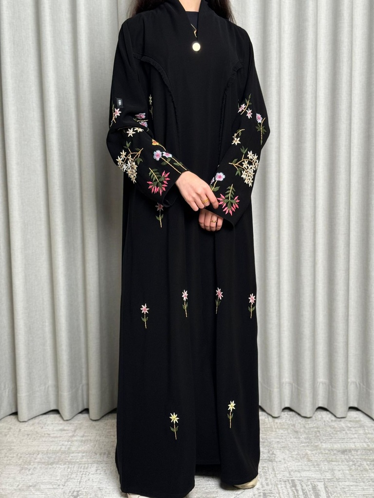 Deep Black Abaya with Colourful Floral Embroidery