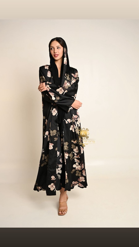 Black Summer Abaya with Beige Floral Patterns