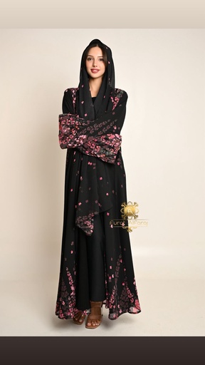 Black Summer Abaya with Pink Floral Patterns
