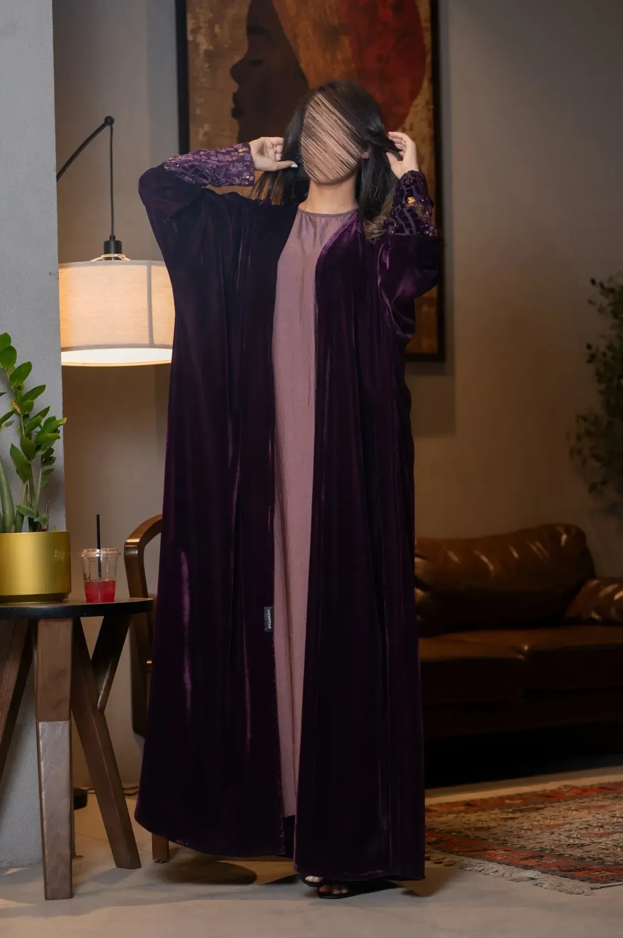 Jumana Berry Velvet Abaya