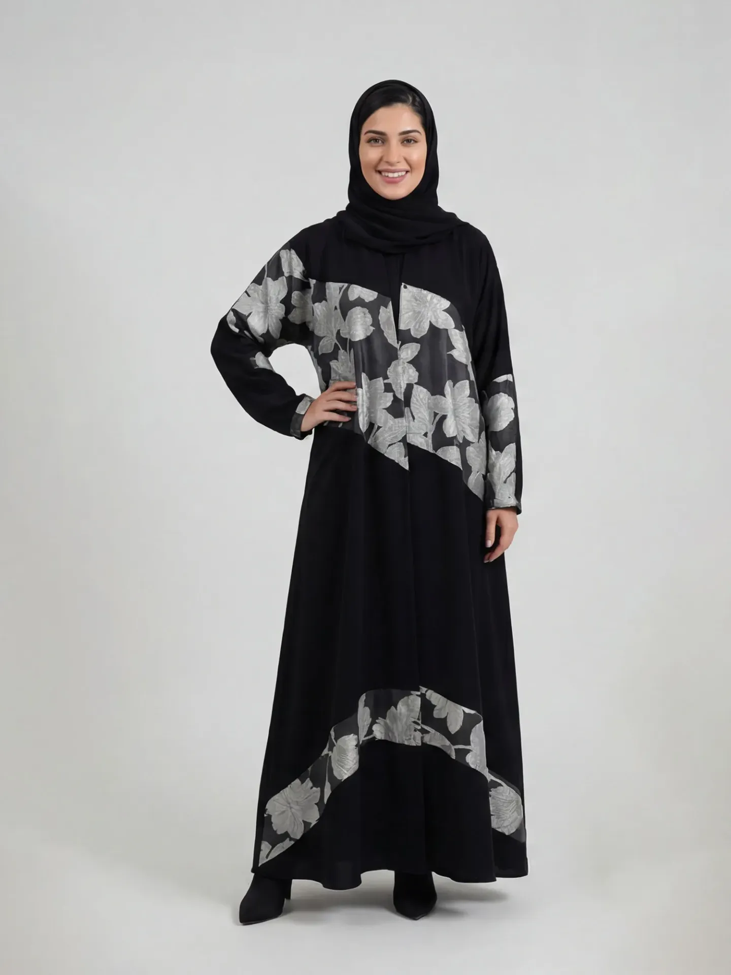 Abaya with Silver Satin Floral Embroidery