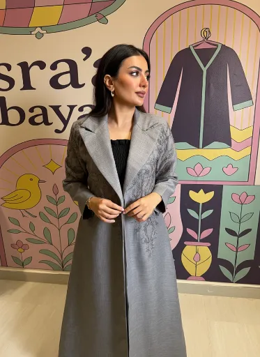Grey Linen Blazer Abaya with Embroidery